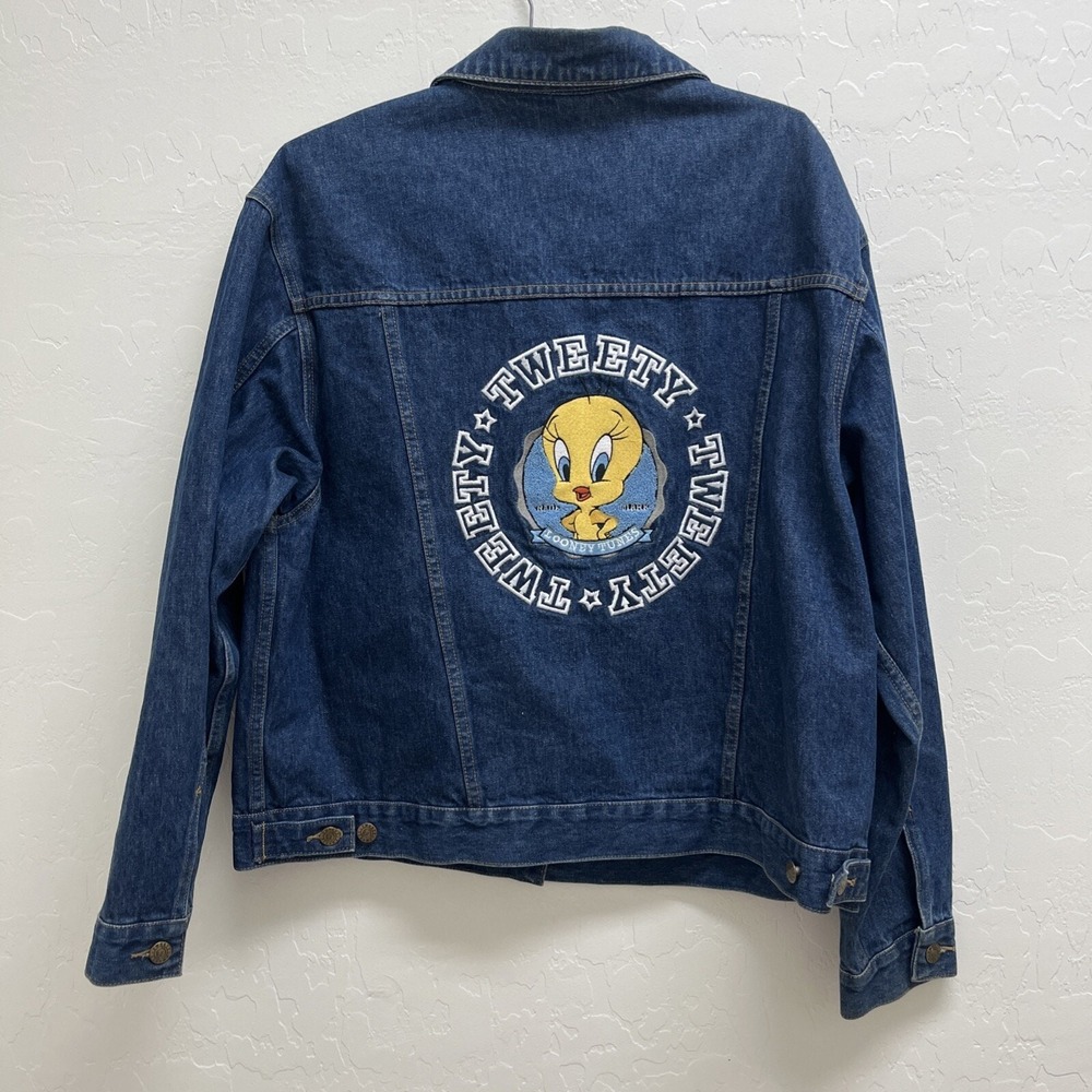 Warner Bros Looney Tunes Tweety Bird Denim Embroidered Jacket XL Y2K 2000 VTG